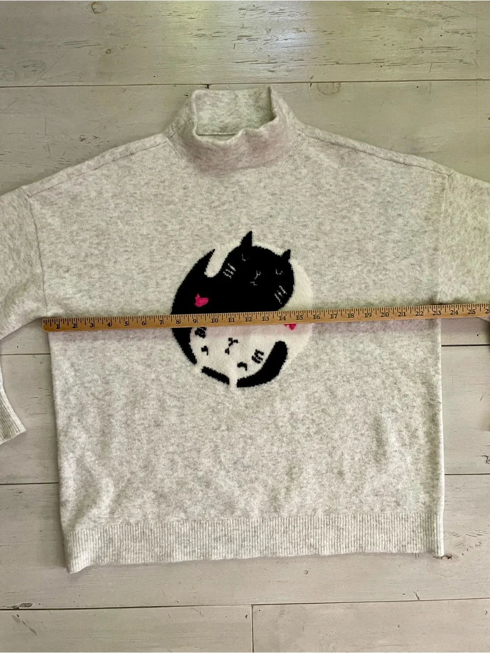 LOFT Light Heather Gray Cats Yin Yang Cozy Wool Blend Sweater Sz XL Mock T-Neck